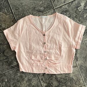 MALOKA Linen Soft Pink Button-Up Cropped Blouse Coquette Coastal Resortwear